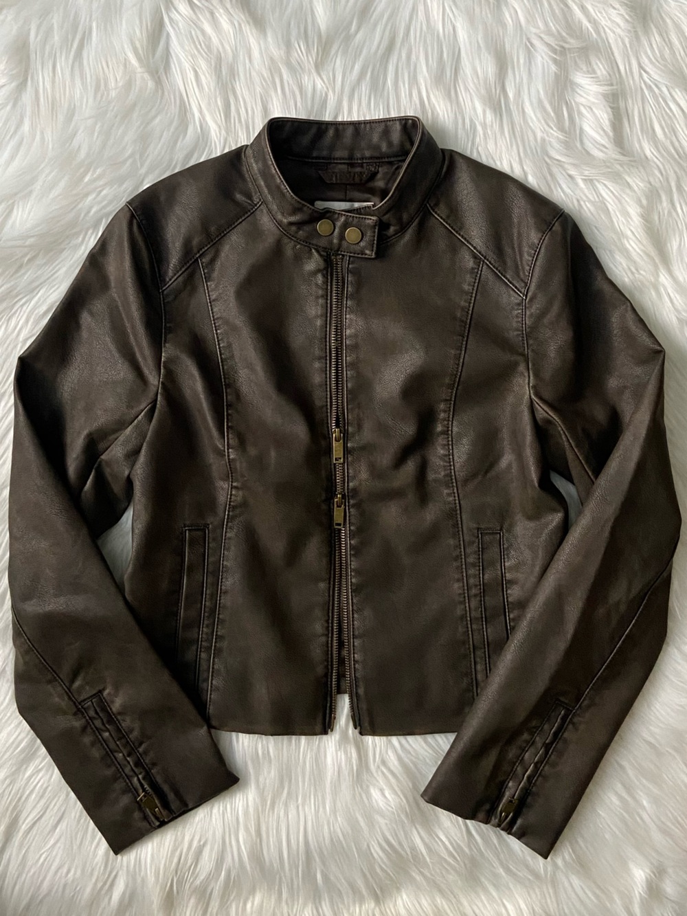 slim vegan leather mockneck jacket